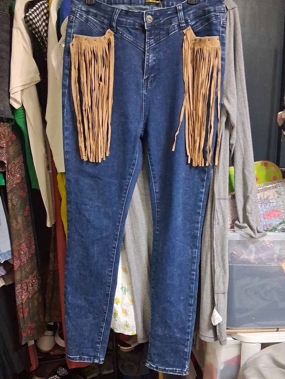 Lucky & Blessed Dark Blue Skinny Jeans with Tan Fringe Size 14